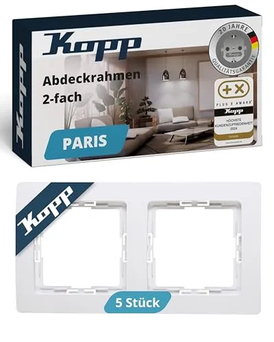 Kopp PARIS 2-fach Abdeckrahmen in Arktis-Weiß - 5 Stück - 8,3 x 15,4 cm - Rahmen für Steckdosen & Schalter - Stilvoller Steckdosenrahmen aus Kunststoff - Hochwertiger Lichtschalter-Rahmen