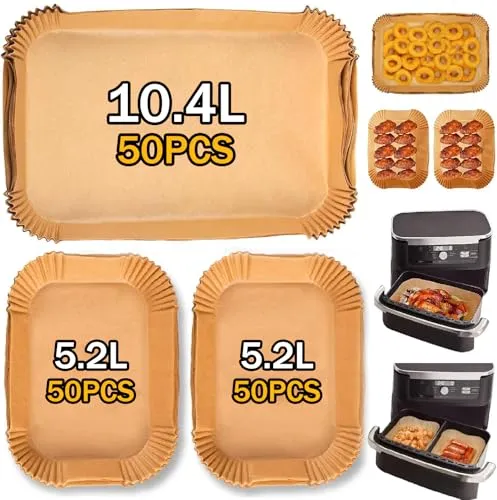 Backpapier für Heißluftfritteuse Ninja 10,4L & COSORI 10L - 150 Stück - Backpapier für Heißluftfritteusen, hitzebeständig bis 450°C, schützt vor Essensresten und erleichtert die Reinigung.
