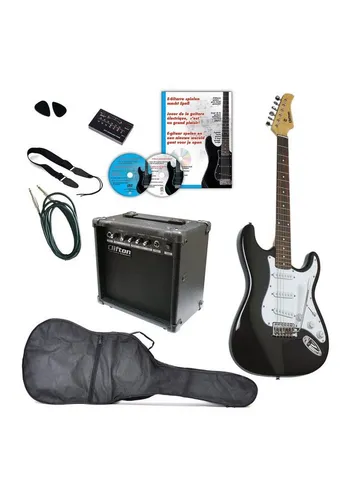 Clifton E-Gitarre Komplettset schwarz - Gitarren Set für Rechtshänder, inklusive Verstärker, Gitarrengurt und Lernmaterial – ideal für Einsteiger ab 6 Jahren.