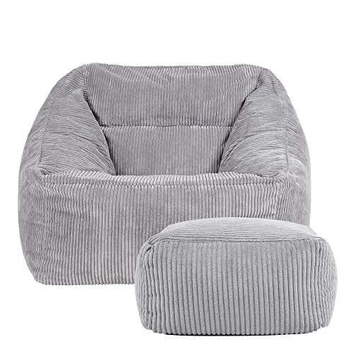 Icon Morgan Sitzsack Sessel mit Hocker, Grau - Sitzsäcke mit innovativem Paneeldesign für optimalen Komfort. Weiches Cordmaterial sorgt für Langlebigkeit und Stil in Wohnzimmer, Schlafzimmer oder Büro.