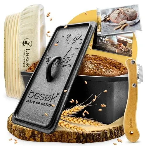 besok Brotbackform mit Deckel und Gärkorb - Gusseisen Brotbackset - Brotbackkastenformen für knuspriges Brot mit gleichmäßiger Wärmeverteilung. Das Set enthält eine Kastenform, Gärkorb und Teigmesser für perfekte Ergebnisse.