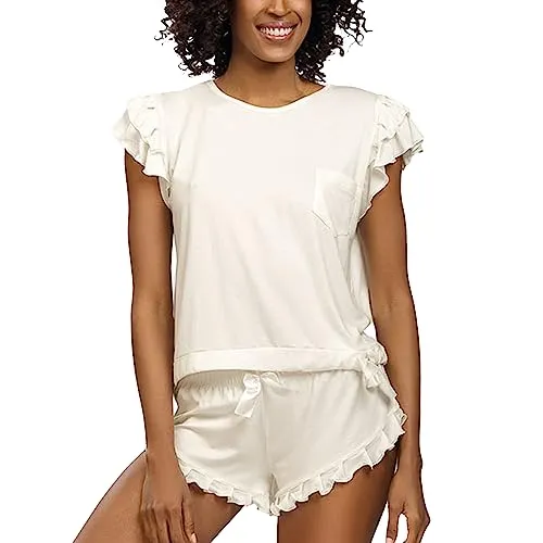 DKaren Damen Schlafanzug Set Lulu M - Zweiteiler Damen Pyjama - Loungewear mit Kurzen Ärmeln und Shorts - Nachtwäsche Damen mit Tasche und Rüschen - Pjama Set Kurz Ecru