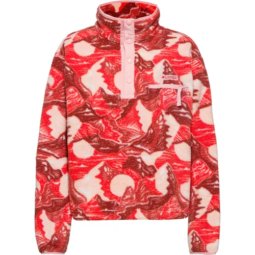 Columbia Helvetia II Fleeceshirt Damen - Poppy Red-Sunscape, Größe L - Kuscheliges Fleeceshirt mit Stehkragen und Druckknopfleiste. Praktische Brusttasche und weitenregulierbarer Saum für optimalen Tragekomfort. Ideal für kühle Tage.