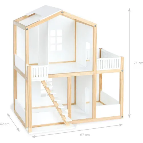 Pinolino Puppenhaus Ida - 2-stöckig in Weiß und Braun - Hochwertiges Puppenhaus aus Kiefernholz mit 4 Zimmern und Balkon, ideal für Puppen bis 13 cm. Offene Bauweise fördert kreatives Spielen für Geschwister und Freunde.