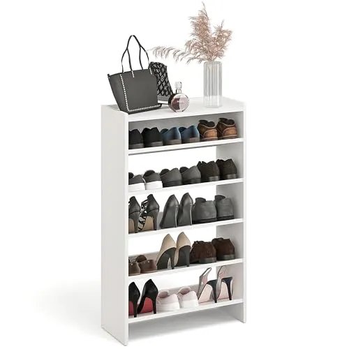 KOMTO Schuhregal Schmal - Elexis Weiß mit 5 Ebenen - Schuhablage für Flur, platzsparend und funktional mit zusätzlichem Regal für wichtige Gegenstände. Ideal für enge Räume mit optimalen Abmessungen: 60 x 25 x 98 cm.