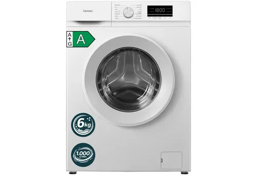 homeX Waschmaschine WF610K1A-W, 6 kg, Inverter Motor mit AquaStop - Kompakte homeX Waschmaschine mit 6 kg Fassungsvermögen und 1.000 U/Min. Ideal für kleine Haushalte. Effizienter Inverter Motor, 14 Programme und AquaStop für Sicherheit. Perfekt für enge Räume!