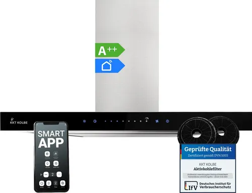 KKT KOLBE Wandhaube Dunstabzugshaube 60cm FLAT6006ED - Dunstabzugshaube mit 9 Stufen, WIFI-Funktion und eleganter Edelstahl- und Glasoptik. Energieeffizienzklasse A++, ideal für moderne Küchen.