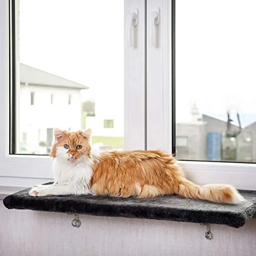 Snuggly Place Katzen Liegebett Anthrazit für Fensterbank - Geräumiges Kratzbrett für Katzen, ideal für Fensterbänke. Hergestellt aus hochwertigem Stoff, bietet es Komfort und eine stilvolle Ergänzung für Ihr Zuhause.