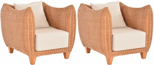 Set/2 Terracotta Rattan-Sessel für Wohnzimmer - Moderne Relax-Sessel im Set, mit abnehmbaren Kissen und Holzarmlehnen. Ideal für Esszimmer, Lounge oder Wintergarten. Komfortable Sitzhöhe von 50 cm und stilvolles Design.