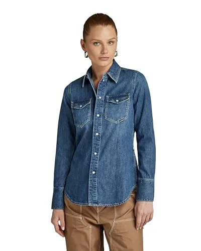 G-Star Damen Slim Western Hemd, Blau (faded noosa blue D24343-D252-G310), S - Damenblusen mit Hemdkragen und Druckknopfverschluss, bietet hohen Tragekomfort und stylische Schultereinsätze für einen modernen Look.