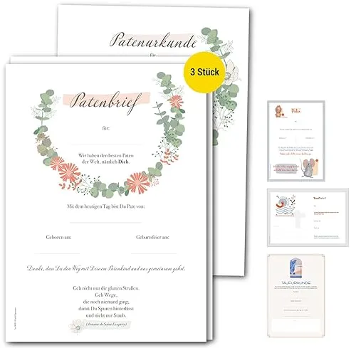 Frank Paperman® Patenurkunde – Floral (DIN A4) | Zartes Blumen-Design zur Taufe & Patenschaft, personalisierbar, Geschenkidee für Paten & Eltern