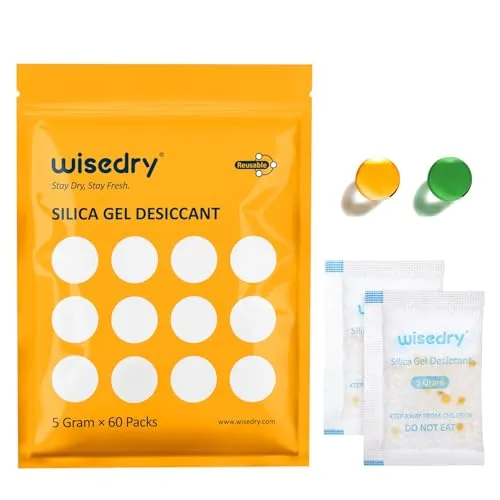 wisedry Silica Gel Sachets Beutel Trockenmittel 5 Gramm [60 PACKS] mit orangefarbenen Perlen Feuchtigkeitsindikator Feuchtigkeitsabsorber für Lufttrockner Feuchtigkeitsentfernung, Lebensmittelqualität