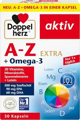 Doppelherz A-Z + Omega-3 Extra - Multivitamin mit Lutein - Omega-3 Öl: 20 Vitamine, Mineralstoffe & Spurenelemente in nur 1 Kapsel täglich, plus 500 mg Seefischöl und Lutein für optimale Gesundheit. Ideal für Ihr Wohlbefinden!