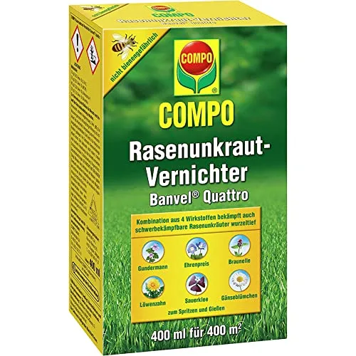 COMPO Rasenunkrautvernichter Banvel Quattro - 400 ml Unkrautvernichter für den Rasen, bekämpft zuverlässig schwerbekämpfbare Unkräuter ohne den Rasen zu schädigen
