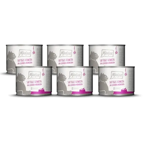 MjAMjAM - Premium Nassfutter für Katzen - saftiges Schwein an leckeren Möhrchen, 6er Pack (6 x 200 g), getreidefrei mit extra viel Fleisch