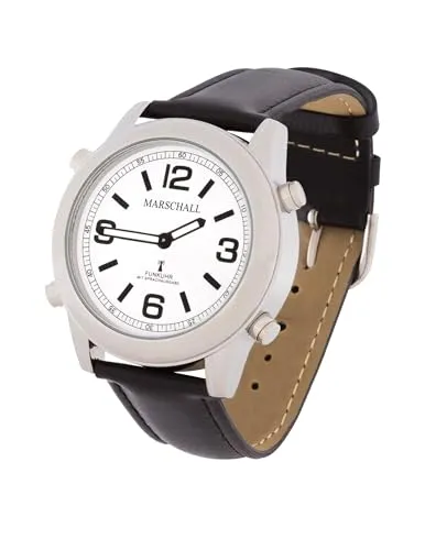 Marschall Deutsch sprechende Herren Armbanduhr I 1136L I Funkarmbanduhr I Für Blinde, Senioren und Sehbehinderte I Datum- und Zeitansage I Extra große Zeiger I Schwarzes Lederarmband