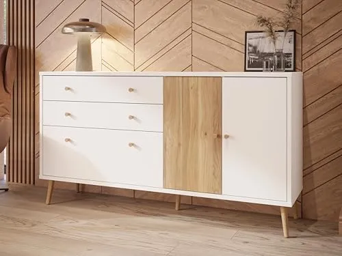 Forte Harllson Kommode Weiß mit Holzdekor - Mid Century Sideboard mit EasyKlix Montage, Soft-Close-System und praktischen Schubladen für optimalen Komfort in Schlafzimmer, Wohnzimmer oder Esszimmer.