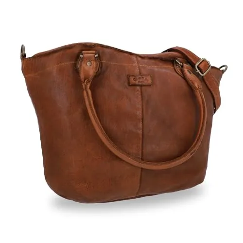 Gusti Leder Handtasche Damen Umhängetasche Mittelgroß – Hochwertiges Rindsleder Shopper Cognac Braun – Geräumige Ledertasche für Alltag und Büro
