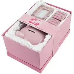 BRUBAKER Spardose Baby Geschenkset 'Mein erstes Sparschwein' - Spardosen Set mit rosa Sparschwein, Aufbewahrungsdosen für Milchzähne und Haare sowie einem Bilderrahmen - das perfekte Geschenk zur Geburt!