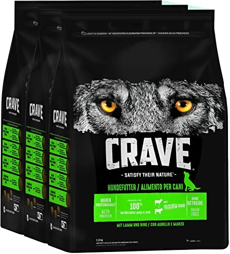 Crave Premium Trockenfutter für Hunde – Lamm & Rind, Getreidefrei, 3 x 2,8 kg - Hochwertiges Hundefutter mit 100% natürlichem Lamm und Rind. Hoher Proteingehalt für gesunde Muskulatur und ohne Getreide – ideal für empfindliche Hunde.