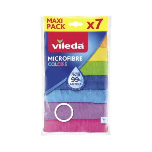 Vileda Mikrofasertücher Colors, 7er Pack - Wiederverwendbare Reinigungstücher in bunten Farben zur einfachen Unterscheidung der Anwendungsbereiche, besonders reinigungsstark und saugfähig für streifenfreie Ergebnisse.