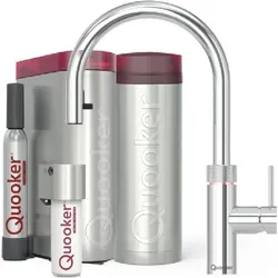 Quooker PRO3 & CUBE | Flex CHR (verchromt glänzend) - Armaturen mit 100°C kochendem Wasser und gefiltertem Sprudelwasser, ausgestattet mit einem kindersicheren Doppel-Drück-Dreh-Knopf für maximale Sicherheit.