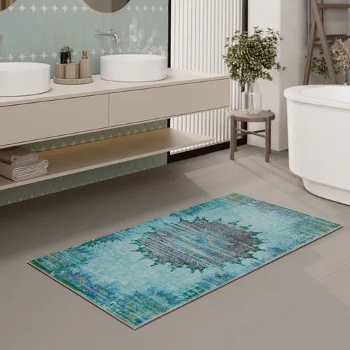 Wecon Home Badematte "Healing", blau, 60x100 cm - Stilvolle, rechteckige Badematte mit orientalischem Design. Mit rutschfester Unterseite und für Fußbodenheizung geeignet. Pflegeleicht und maschinenwaschbar bei 30°C – ideal für ein modernes Badezimmer.