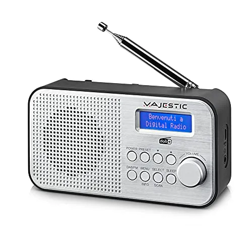 Majestic RT 194 DAB - Tragbares DAB/DAB+/FM Radio mit LCD-Display - Tragbares Radio mit wiederaufladbarem Akku, ideal für unterwegs. Mit Kopfhörerausgang, zwei Alarmfunktionen und drei Klingeltönen für individuellen Genuss.