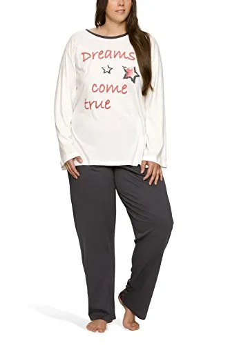 Moonline Damen Schlafanzug in großen Größen (XL - 4XL) mit Motivdruck 'Dreams Come True' - Bequemer Damen Schlafanzug aus 100% Baumwolle für hohen Tragekomfort. Der weite Schnitt und der stabile Bund sorgen für perfekten Halt. Erhältlich in mehreren Designs und Größen. Ideal für entspannte Nächte.