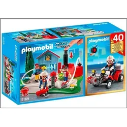 PLAYMOBIL 5169 JubiläumsKompakt Set Feuerwehreinsatz mit Quad - Spielspaß für kleine Feuerwehrfans - Playmobil Set mit Quad, 3 Figuren und funktionsfähiger Wasserspritze. Ideal für Kinder ab 4 Jahren, fördert kreatives Spielen und Feuerwehrabenteuer.