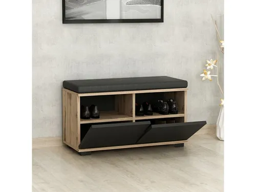 Scandinavia Concept Schuhschrank "Drago" in Walnuss - (B)80 x (H)42 x (T)35 cm - Schuhschrank mit 2 Türen und viel Stauraum, gefertigt aus melaminbeschichteter, mitteldichter Holzfaserplatte. Inklusive Kunstleder-Kissen für zusätzlichen Komfort. Ideal für einen ordentlichen Eingangsbereich.