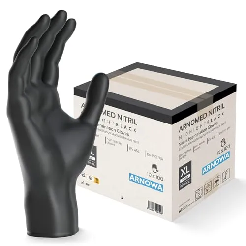 ARNOMED Einweghandschuhe Schwarz (10x100 Stück) - Nitril Handschuhe XL - Hochwertige ARNOMED Einweghandschuhe in Schwarz, dicker und reißfester für vielseitige Anwendungen. Inklusive 10 Boxen à 100 Stück, ideal für Gastronomie und Haushalt. Hautfreundlich und latexfrei, bieten sie zuverlässigen Schutz und Hygiene.