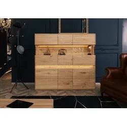Massivmoebel24 Highboard CARDIFF aus Wildeiche mit LED - Kommode aus massiver Wildeiche, geölt und nachhaltig gefertigt. Inklusive LED-Beleuchtung für stimmungsvolle Akzente und langlebige Schönheit.