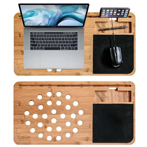Mikamax Lapzer - Multifunktionaler Bambus Laptop Schreibtisch - Lapdesks: Der Lapzer aus 100% Bambus bietet optimale Belüftung mit Luftlöchern, ideal für Überhitzungsschutz und vielseitige Nutzung als Betttisch oder Schoßtisch.