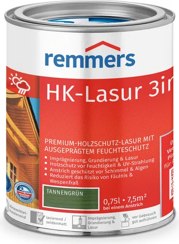 Remmers HK-Lasur tannengrün, 0,75 Liter - Beizen – Exzellenter 3-in-1 Holzschutz für außen mit Imprägnierung, Grundierung und Lasur. Schützt vor Feuchtigkeit und UV-Strahlen, ideal für Zäune und Gartenhäuser.