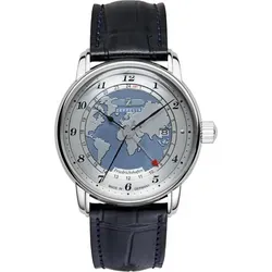 Zeppelin 8596-3 Armbanduhr - Automatik Herren - FRIEDRICHSHAFEN - Trübes Blau - Herrenuhr mit Automatik-Uhrwerk Citizen-Miyota 9075, elegante Weltkarte auf dem Zifferblatt, und dunkelblauem Lederarmband. Ideal für Entdecker und Zeitliebhaber.