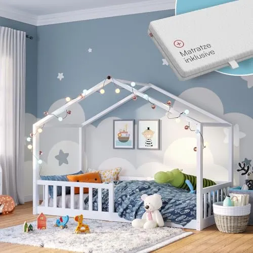 Bellabino Bia Kinderbett 80x160 cm – Hausbett mit Matratze & Rausfallschutz - Sicheres Montessori Kinderbett in Weiß aus Kiefernholz, ideal für selbstständige Kleinkinder. Mit stabilen Rausfallschutz und großzügiger Liegefläche für entspannte Nächte. Einfache Montage inklusive Lattenrost und Matratze.