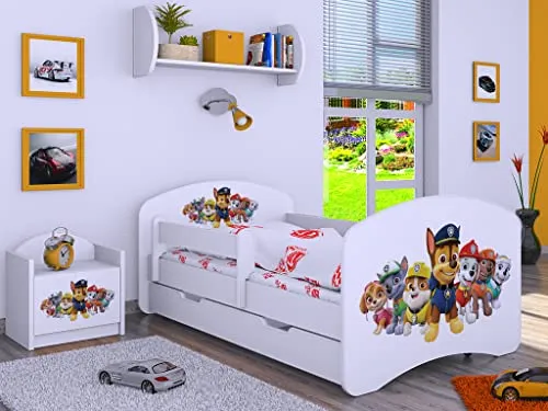 BDW Kinderbett Super Hunde, 160 x 80 cm, Weiß - Komfortables Kinderbett mit lustigem Hundemotiv und praktischer Schublade für Spielzeug oder Bettzeug. Die enthaltene Matratze sorgt für einen angenehmen Schlafplatz und das Design bringt Freude ins Kinderzimmer.