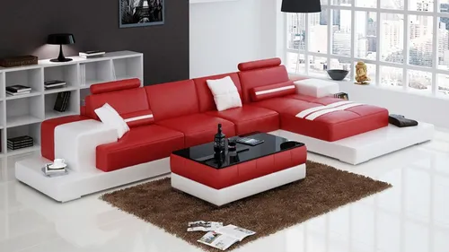Ledersofa Couch Wohnlandschaft Ecksofa L6004C in Rot - Stilvolles Ecksofa für mehr als 4 Personen, mit moderner Bettfunktion und LED-Beleuchtung. Ideal für ein elegantes Wohnzimmer. Maße: 411 x 198 cm.
