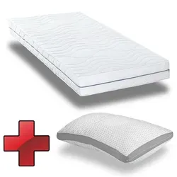 Orthopädische Kaltschaummatratze Supportho Premium 100 x 200 cm mit Gel-Effekt Kissen - Matratzen-Sparpaket: Supportho Premium 100x200 cm H2/H3 und Gel-Effekt Kissen 40x80 cm. Punktelastische Liegezonen sorgen für optimale Unterstützung und Druckentlastung, ideal für Allergiker und Senioren.