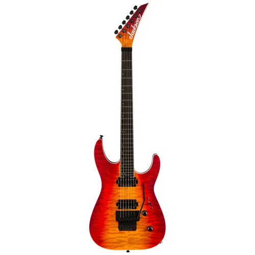 Jackson Pro Plus Series Dinky DKAQ FIREST - Rote E-Gitarre - Hochwertige elektrische Gitarre in auffälligem Rot, ideal für kreative Musiker, die auf der Suche nach einem kraftvollen Sound und erstklassiger Verarbeitung sind.