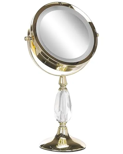 Schminkspiegel Gold doppelseitig drehbar mit LED Beleuchtung - Kosmetikspiegel mit eleganten Verzierungen, 5-facher Vergrößerung und praktischer LED-Beleuchtung – ideal für präzises Schminken und Pflege.