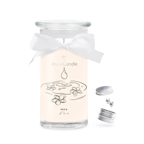 JuwelKerze Milk & Monoi Ohrringe Silber - Duftkerze mit Schmuck - Große Schmuckkerze mit blumigem Duft für bis zu 80 Std. Brenndauer. Ideal als Geschenk für Frauen, perfekt für jeden Anlass.