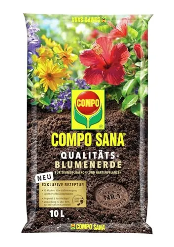 Compo Sana Qualitäts Blumenerde 10l - Gebrauchsfertige Blumenerde mit 12 Wochen Nährstoffversorgung für gesundes Pflanzenwachstum
