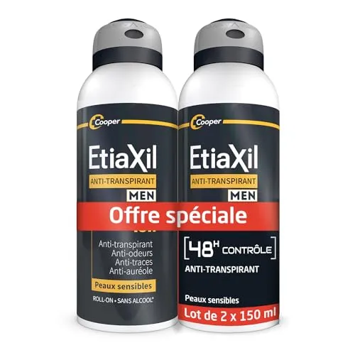 ETIAXIL Deodorant gegen Schwitzen – für Herren – mäßiges Schwitzen – Achseln – Kontrolle 48 Stunden – Aerosol – 150 ml – 2 Stück