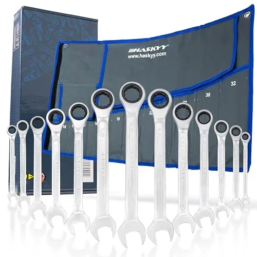 HASKYY 13tlg Ringmaul Ratschenschlüssel Satz 8-32 mm - Vielseitiges Werkzeug-Set mit 13 Schlüsselgrößen aus robustem Chrom-Vanadium-Stahl. Ideal zum effizienten Lösen und Anziehen von Sechskantschrauben mit nur 5 Grad Schwenkbogen.