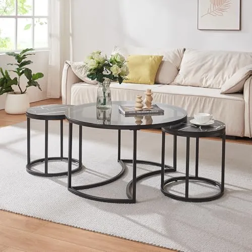 Couchtisch 3er Set 'Kokkola' - Elegantes Metallgestell mit Rauchglas und Marmoroptik - 3-tlg. Couchtischset für flexibles Design, platzsparend und stilvoll. Ideal für Snacks und Dekoration, mit pflegeleichter Oberfläche und einfacher Montage.