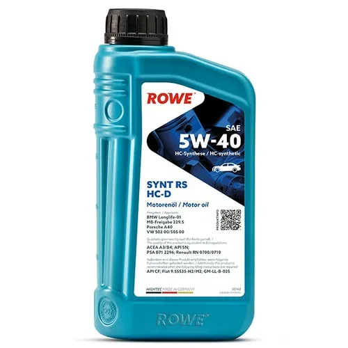 ROWE HIGHTEC SYNT RS HC-D SAE 5W-40 Motoröl 5l - Hochleistungs-Motorenöl für moderne PKW, ideal für längste Wartungsintervalle und besten Verschleißschutz. Optimal für Turbo- und Dieselmotoren, sichert einen zuverlässigen Kaltstart.