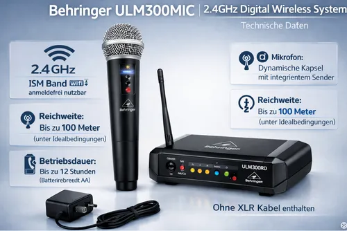 Behringer ULTRALINK ULM300MIC Drahtloses Mikrofon-System - Hochleistungs-Drahtlossystem mit Handmikrofon und Empfänger für klare Sprachübertragung. Ideal für Live-Events, mit digitaler 2,4 GHz Technologie für zuverlässige Verbindung und bis zu 60 m Reichweite.