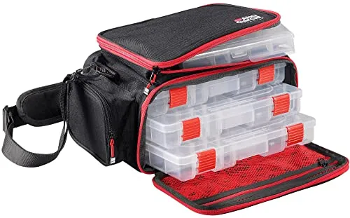 Abu Garcia Mobile Lure Bag - Angeltasche in Schwarz, Grau, Rot - Praktische Angeltasche mit 4 Tackleboxen, verstellbarem Schultergurt und wasserdichtem Boden - ideal für Angler, die ihre Ausrüstung sicher transportieren möchten.